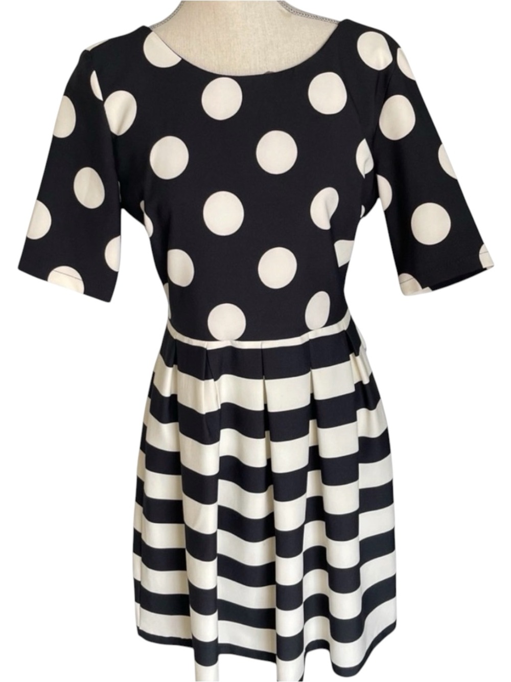 Pole & Pole Black/White Polka Dot and Stripe Fit and Flare Dress (S)